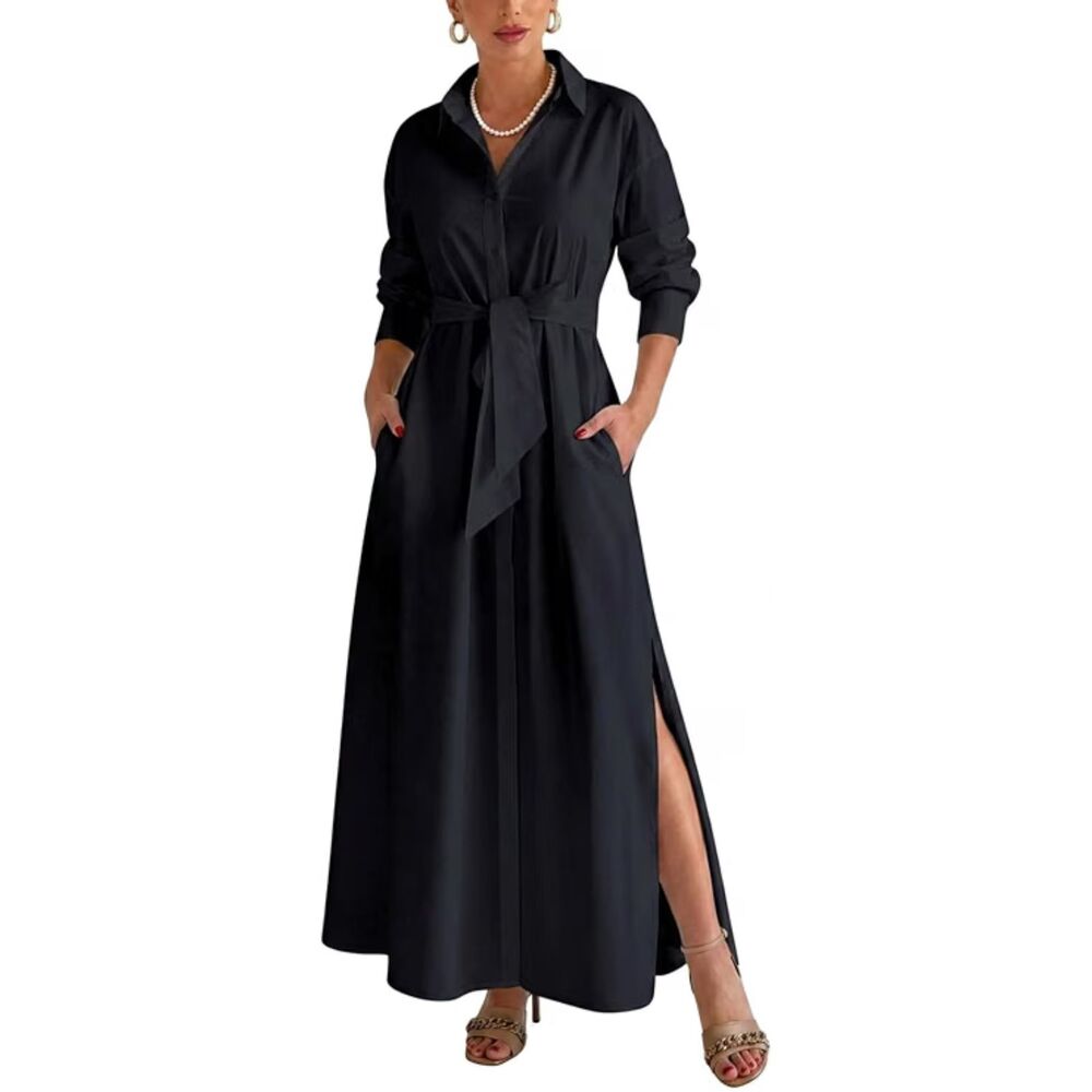 Side Slit Long Sleeve Button Down Dress, XXL, 3K-207D002
